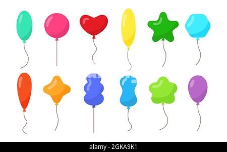 Set im flachen Ballon-Stil. Dekor für Geburtstag, Party. Fliegende Kugeln mit Seil. Bunte Ballons auf weißem Hintergrund isoliert. Cartoon-Objekt für Feier, Werbung, Jubiläum. Vektorgrafik Stock Vektor