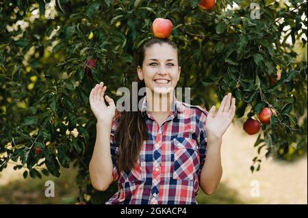 Teenage-Mädchen pflücken reife Bio-Äpfel auf dem Bauernhof am Herbsttag. Person mit Obst im Korb. Erntekonzept im Land. Garten, Teenager essen Früchte Stockfoto