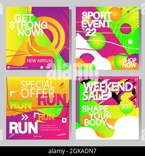 Lila, grün, gelb und weiß Sport Social-Media-Banner-Vorlagen mit einzigartigem Stil. Business-Broschüren-Kollektion. Broschüre, Flyer, Buchumschlag, Presse Stock Vektor