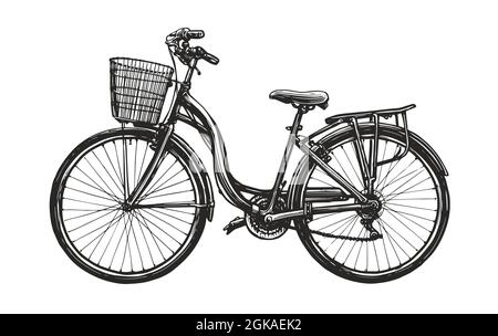 Handgezeichnetes Retro-Rennrad mit Korb. Eco-Transport-Skizze. Vintage-Vektorgrafik Stock Vektor