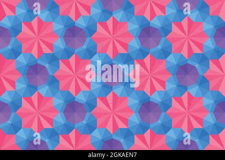 Nahtloses 3D-Muster aus geometrischen Formen wie Pyramiden, Dreiecken und Oktagonen. Symmetrischer, farbenfroher Hintergrund mit rosa Sternen und blauen Oktagonen Stock Vektor