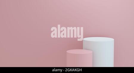 Zylindrisches Podium für Produktanzeige auf rosa Hintergrund. Leere Podestplattform. 3D-Rendering. Stockfoto