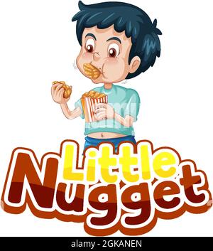 Little Nugget Logo Text-Design mit einem Jungen essen Huhn Nuggets Illustration Stock Vektor