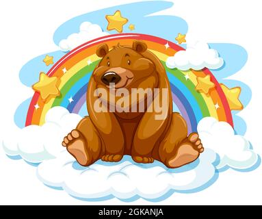 Grizzly Bär auf der Wolke mit Regenbogenabbildung Stock Vektor
