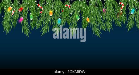 Weihnachten und Neujahr blauer Hintergrund mit Tannenzweigen, Süßigkeiten, Girlanden und fallendem Schnee.Vektor Hintergrund Stock Vektor