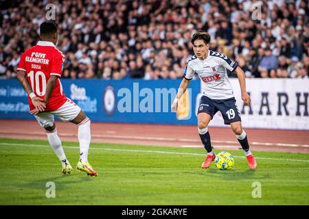 Aarhus, Dänemark. September 2021. Eric Kahl (19) von der AGF beim 3F Superliga-Spiel zwischen Aarhus GF und Vejle Boldklub im Ceres Park in Aarhus. (Foto: Gonzales Photo - Morten Kjaer). Stockfoto