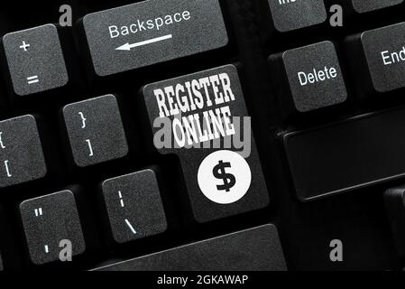 Handschriftentext Online registrieren. Business Approach System zum Abonnieren oder Registrieren über das Internet Senden neuer Nachrichten Online, Erstellen Stockfoto