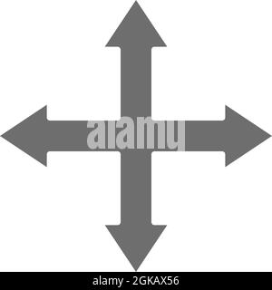 Pfeile, die in verschiedene Richtungen zeigen, vierfach, graues Navigationssymbol. Stock Vektor
