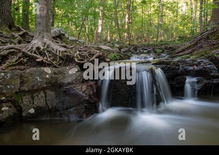 Lange Exposition weichen Kaskadierung idyllischen Wald Wasserfall grün Laub Hintergrund Stockfoto