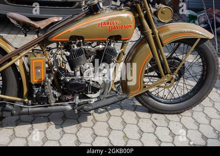 Harley Davidson JD von 1928 in sehr gutem restaurierten Zustand - Blick von der Seite Stockfoto