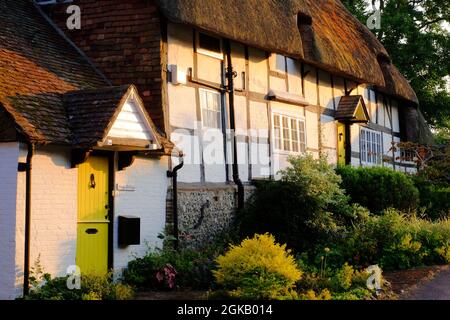 Fachwerkhäuser mit Strohdach und Garten kurz vor Sonnenuntergang im hübschen Dorf East Meon, Hampshire, England Stockfoto