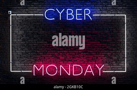 CYBER MONDAY Neon-Schild mit einem Rahmen für die Anzeige von Design oder Text. 3d-Rendering Stockfoto