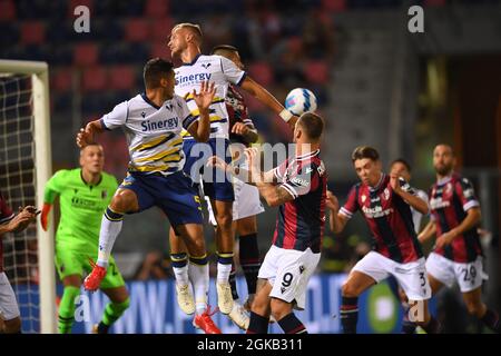 Davide Faraoni (Hellas Verona)Antonin Barak (Hellas Verona)Kevin Bonifazi (Bologna)Marko Arnautovic (Bologna) während des italienischen "Serie A"-Spiels zwischen Bologna 1-0 Hellas Verona im Renato Dall Ara Stadium am 13. September 2021 in Bologna, Italien. Quelle: Maurizio Borsari/AFLO/Alamy Live News Stockfoto