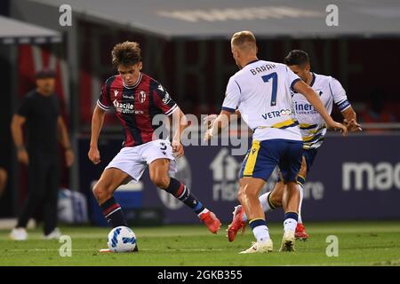 Aaron Hickey (Bologna)Antonin Barak (Hellas Verona)Davide Faraoni (Hellas Verona) während des italienischen "Serie A"-Spiels zwischen Bologna 1-0 Hellas Verona im Renato Dall Ara Stadium am 13. September 2021 in Bologna, Italien. Quelle: Maurizio Borsari/AFLO/Alamy Live News Stockfoto