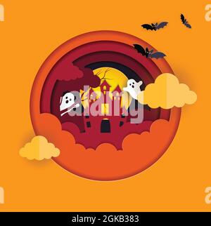 Halloween Papier geschnitten Hintergrund, Vektor-Illustration. Happy Halloween Paper Cut Design. Stock Vektor