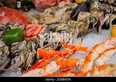 Rohe Krabbenkrallen, Austern, Garnelen, Avocado, Zitrone, Clam auf der Theke - Nahaufnahme Stockfoto