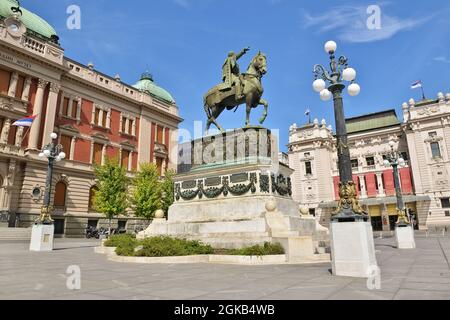 Platz der Republik mit dem Prinz-Mihailo-Denkmal, Stadtzentrum von Belgrad, Serbien Stockfoto