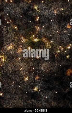 Weihnachtsbaum mit gelben Lichtern. Girlande leuchtet zwischen dem BH Stockfoto