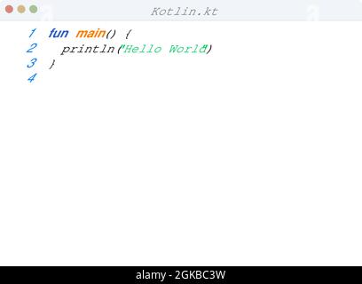 Kotlin Sprache Hello World Programmbeispiel in Editor-Fenster Illustration Stock Vektor