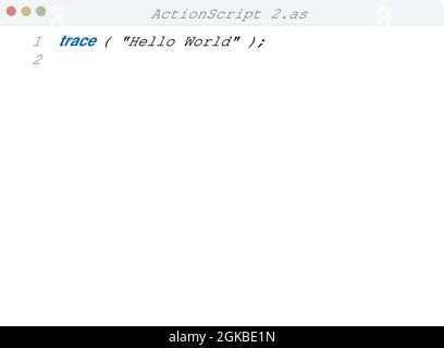 ActionScript 2 Sprache Hallo Welt Programm Beispiel in Editor-Fenster Illustration Stock Vektor