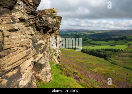 The Worm Stones, ein Grabstein in den Hügeln oberhalb von Glossop am High Peak, Derbyshire, England. Heidekraut blüht auf den Mooren unten. Stockfoto