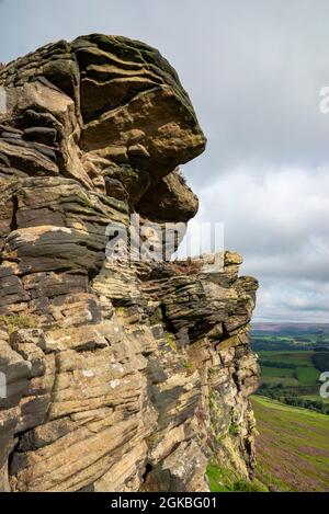 The Worm Stones, ein Grabstein in den Hügeln oberhalb von Glossop am High Peak, Derbyshire, England. Heidekraut blüht auf den Mooren unten. Stockfoto