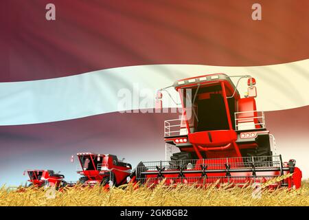 Red Roggen landwirtschaftlichen Mähdrescher auf dem Feld mit Lettland Flagge Hintergrund, Lebensmittelindustrie Konzept - industrielle 3D-Illustration Stockfoto