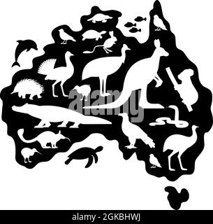 Silhouetten von Tieren und Vögeln auf der Australien-Karte Stock Vektor