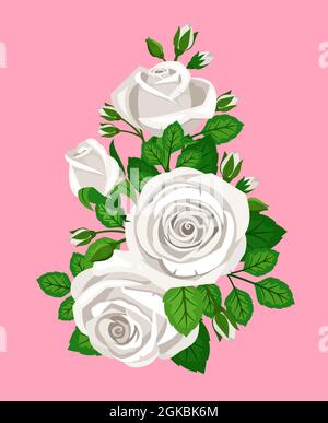Schönes Bouquet mit weißen Rosen auf rosa Hintergrund Stock Vektor