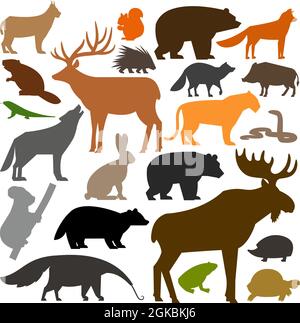 Sammlung von farbigen Silhouetten von wilden Waldtieren Stock Vektor