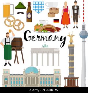 Deutschland Tourismus-Konzept-Ikonen mit traditionellen Speisen und Getränken flach isoliert Vektor-Illustration gesetzt Stock Vektor