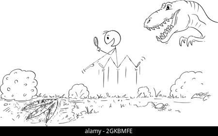 Glücklich Paläontologe gerade gefunden Fußabdruck von Living Dangerous Dinosaur, Vektor Cartoon Stick Figur Illustration Stock Vektor