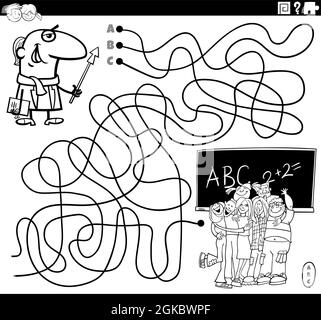 Schwarz-Weiß-Cartoon-Illustration von Linien Labyrinth Puzzle-Spiel mit Lehrer Charakter und Studenten im Klassenzimmer Färbung Buch Seite Stock Vektor