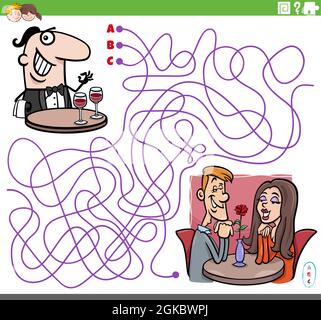 Cartoon Illustration von Linien Labyrinth Puzzle-Spiel mit Kellner Charakter und Paar im Restaurant Stock Vektor