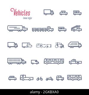 Linear Car Icons Set, verschiedene Arten von Autos und Fahrzeugen. Vektordarstellung im Umriss-Stil auf weißem Hintergrund. Stock Vektor