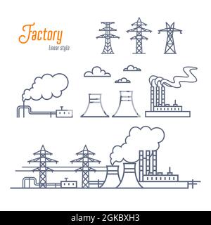 Symbole für Energieanlagen oder Industrieanlagen. Verschiedene Gebäude von Elektrizitätswerken und Übertragungstürme. Vektorgrafik für Umrissstil auf Weiß Stock Vektor