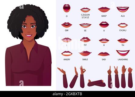 Schöne afroamerikanische schwarze Frau Gesichtsanimation und Lippe Sync Set Vector Stock Vektor
