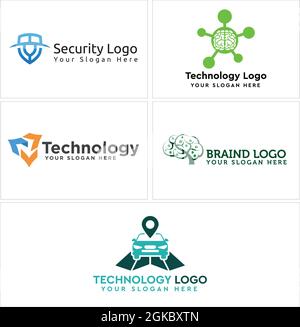 Technologie Schild Sicherheit Gehirn Tech und Car Point Logo-Design Stock Vektor