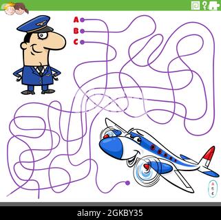 Cartoon Illustration von Linien Labyrinth Puzzle-Spiel mit Pilot-Charakter und Flugzeug Stock Vektor