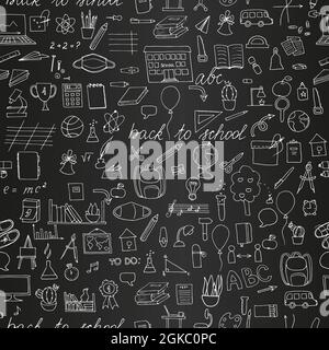 Freihand Zeichnung von Schulobjekten nahtloses Muster auf schwarzem Hintergrund. Zurück zur Schule. Einfache flache Vektordarstellung kritzelt Stock Vektor