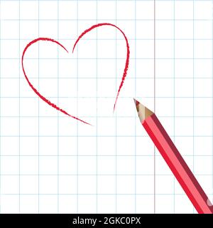 Rotes, handgezeichnetes Herz mit dünner Linie, Teilerform, verworrenem, rundem Scribble auf weißem Hintergrund des Kopierbuches und Bleistift Stock Vektor
