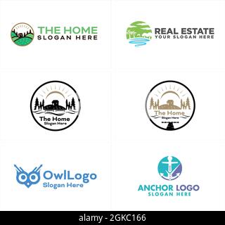 Immobilien Landschaft Natur Meer Anker Eule Logo Design Stock Vektor