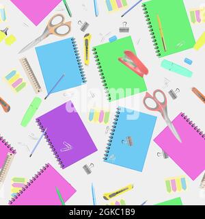 Einfache Vektor nahtlose Muster mit Zurück zur Schule bunte Design-Elemente. Schreibwaren und Werkzeuge für den Bildungsbereich auf grauem Hintergrund Stock Vektor