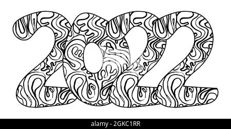 Neujahr 2022 Zentangle Doodle Datum. Prunkvolles Feiertagssymbol. Einfache flache Vektorgrafik für Drucke, Design und Malvorlagen. Stock Vektor