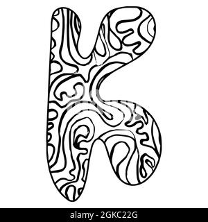 Zentangle stilisiertes Alphabet - Buchstabe K. Schwarz weiß handgezeichneter Doodle. Ethnisches Muster. African, indian, Totem, Design, Erwachsene Antistress Malvorlagen. Stock Vektor