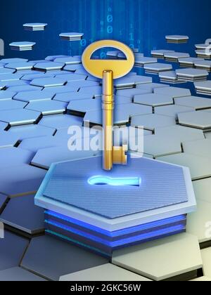 Digitaler Schlüssel, der für den Datenzugriff verwendet wird. Digitale Illustration. Stockfoto