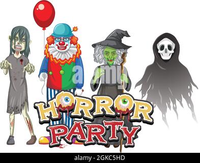 Horror Party Textdesign mit Halloween Geisterfiguren Illustration Stock Vektor