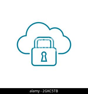 Symbol für Cloud-Computing-Sicherheitszeile. Wolke mit einem Vorhängeschloss. Sichere Datensicherung auf Cloud-Servern. Privatsphäre im Internet. Passwortschlüssel und Verschlüsselung Stock Vektor