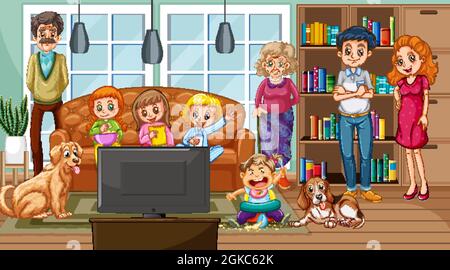 Große Familie mit ihrem Haustier im Wohnzimmer Szene Illustration Stock Vektor