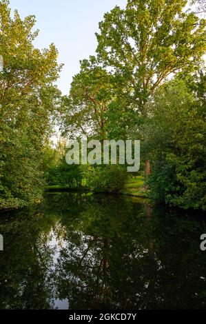 The Knoll, ein kleiner Park in Hayes, Kent, Großbritannien. Reflexionen auf dem Wasser eines kleinen Sees mit Bäumen. Hayes liegt im Stadtteil Bromley im Großraum London. Stockfoto